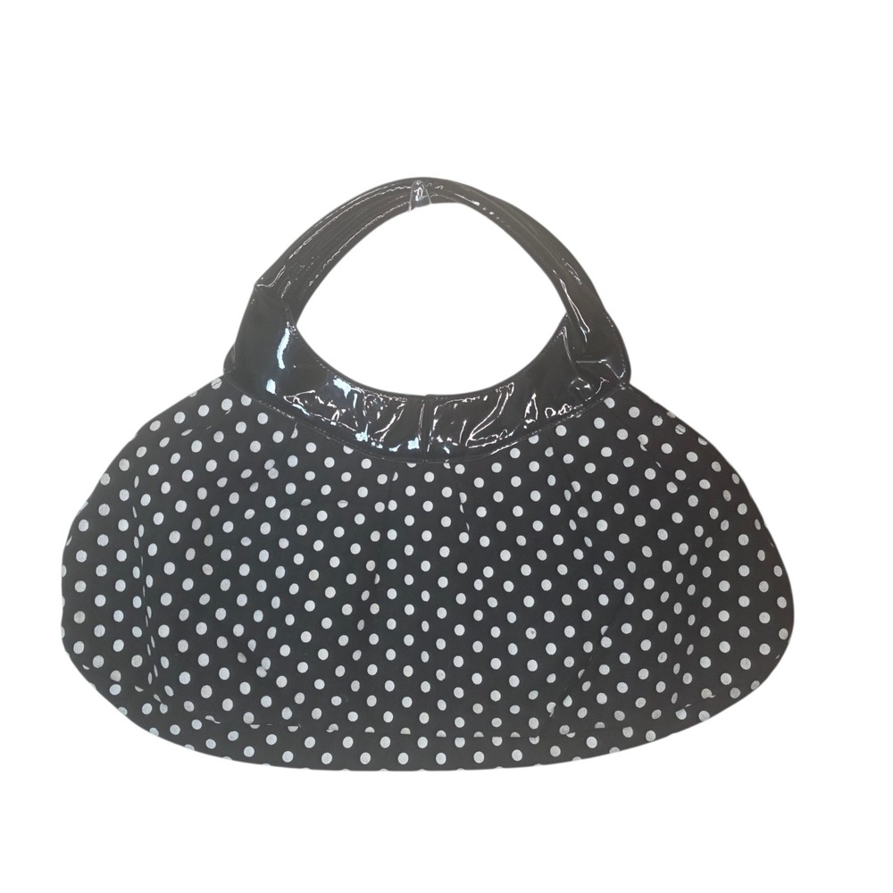 Black White Polka Dot Patent Handle Satchel Dome Handbag Purse